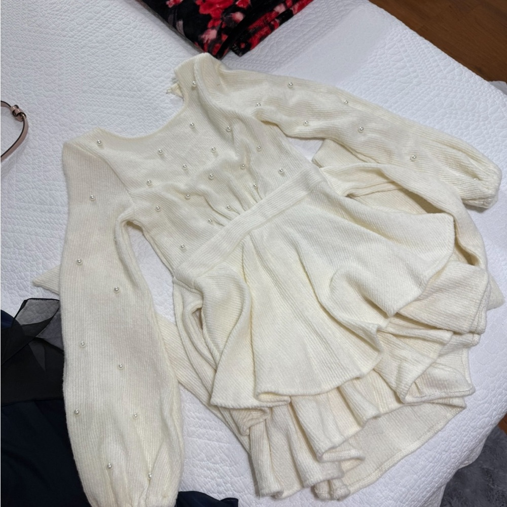 Elegant Cream Dress with Pearl Accents